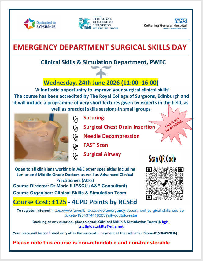 SimSkillsKGH's tweet photo. 🚨 Surgical Skills Course – 24 June 2026

RCSEd accredited | 4 CPD points
Hands-on practical skills training
Open to all clinicians
Limited spaces – register now
#MedicalEducation #SimulationTraining #RCSEd https://t.co/eLUSN7IA9x