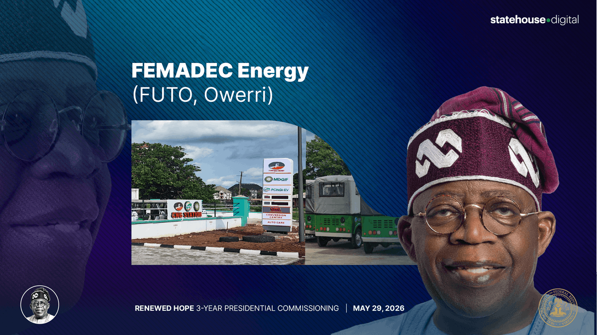 NGRPresident's tweet photo. FEMADEC ENERGY — FUTO OWERRI

🇳🇬 NOW LIVE: President @officialABAT commissions the FEMADEC/MDGIF/PiCNG-EV CNG Daughter Station and Conversion Centre at the Federal University of Technology, Owerri.

The flagship of the nationwide 20 Universities CNG Ecosystem Initiative, delivered under the Special Palliative Relief on University Transportation (SPROUT) programme. The facility includes:

* A 1,000Nm³/hr Integrated Refuelling Unit
* A CNG storage skid + 4-way dispensers
* A vehicle conversion workshop & training centre
* A fleet of CNG-powered buses and tricycles for intra-campus transport
* On-site CNG generator powering the entire station

Cleaner mobility. Lower costs. Better student welfare.
Watch live: https://t.co/NCQc6Vi5Oz

#RenewedHope #SPROUT #MDGIF