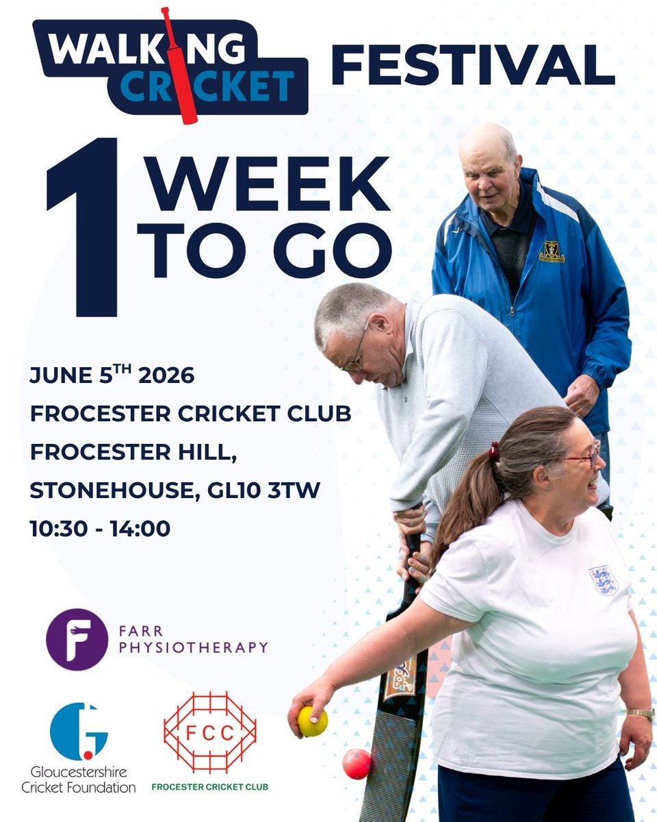 GlosCricketFdn's tweet photo. ⌛Just one week to go until our first walking cricket festival at @FrocesterCC in partnership with Farr Physiotherapy.

We want to bring this slower-paced, inclusive form of the game to more people 🏏 Get in touch if you want to find out more 📝

#clubcricket #cricketforall https://t.co/pNp6245QFd
