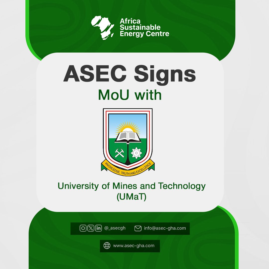_asecgh's tweet photo. We are pleased to announce the signing of a Memorandum of Understanding (MoU) between the @_asecgh (ASEC) and the @UMaTedugh (UMaT).

Together, we are investing in talent, innovation, and a more sustainable future for Africa. https://t.co/cR2spHLos3