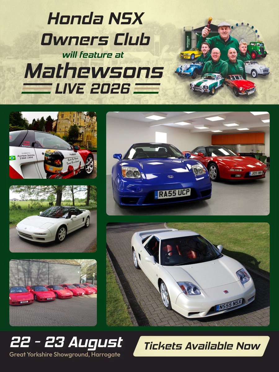 MathewsonsCC's tweet photo. The Honda NSX Owners Club will be at Mathewsons Live 🤩

We can’t wait to see these iconic Japanese sports cars on display at the Great Yorkshire Showground this August.

Tickets: https://t.co/LjA8i5mcZq 🎟️ https://t.co/KrPBGl7GzX