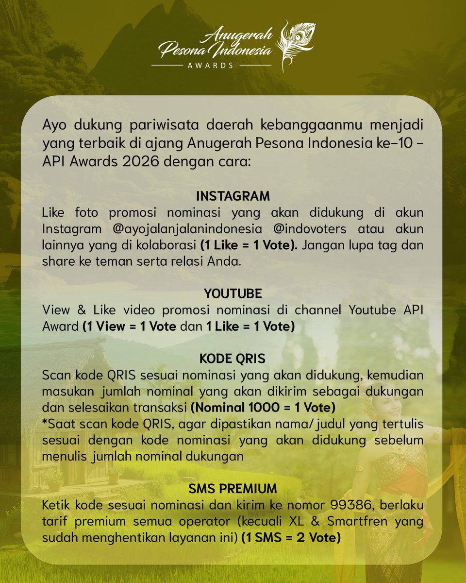 apiaward's tweet photo. 17. DESTINASI BARU

Adalah destinasi wisata baik yang bersifat alami ataupun buatan yang masih tergolong baru diperkenalkan kepada wisatawan https://t.co/PwZq8tJU9a