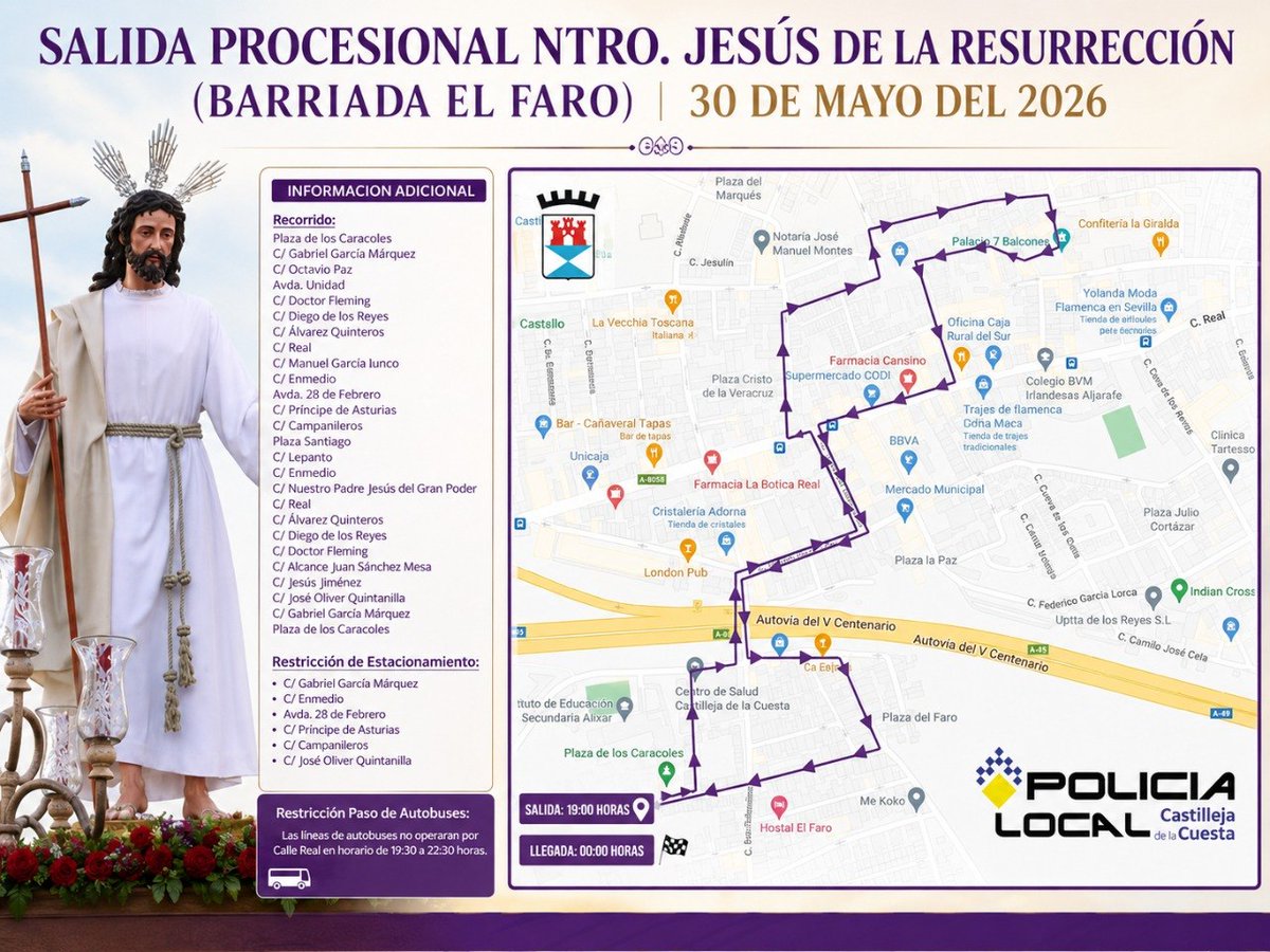 PoliciaLocalcc's tweet photo. Con motivo de la salida procesional de Ntro. Padre Jesús de la Resurrección organizada por su asociación (30/05), os dejamos toda la información de interés.
Especial atención a la restricción de estacionamiento. #Colabora
Restricción autobuses @ctm_sevilla.
#PoliciaCastilleja https://t.co/e6kDeBwFl1