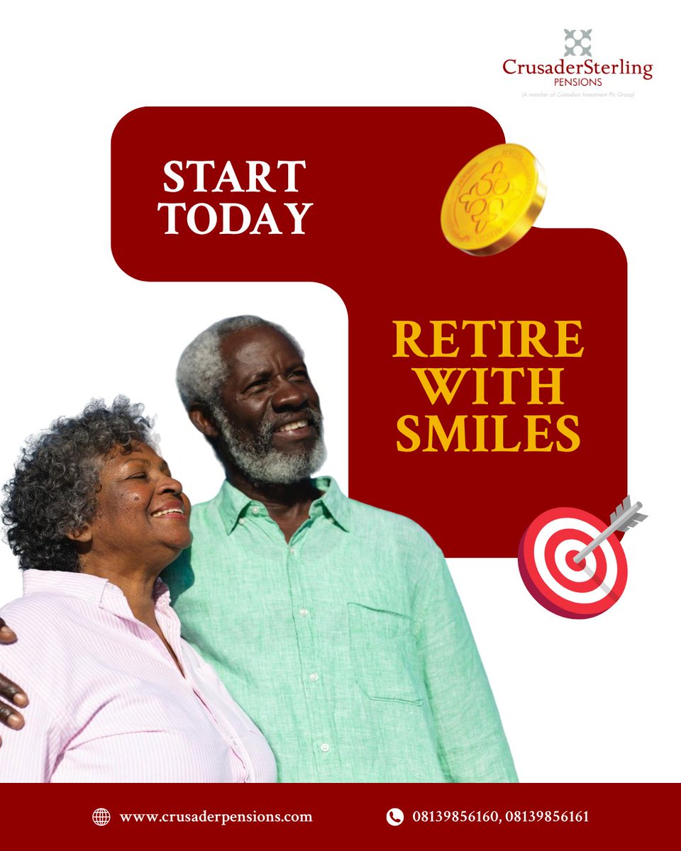 CSPensions's tweet photo. That feeling of peace, comfort, and happiness in retirement is not accidental, it's the direct result of proactive decisions made today.

START TODAY to ensure you RETIRE WITH SMILES.
Every day you delay is a day you lose the power of compounding. Don't wait for your dream retirement to fade. Take action and secure your financial peace of mind now.

Ready to secure your future smiles? Open your Retirement Savings Account (RSA) with us!

#CrusaderSterlingPensions