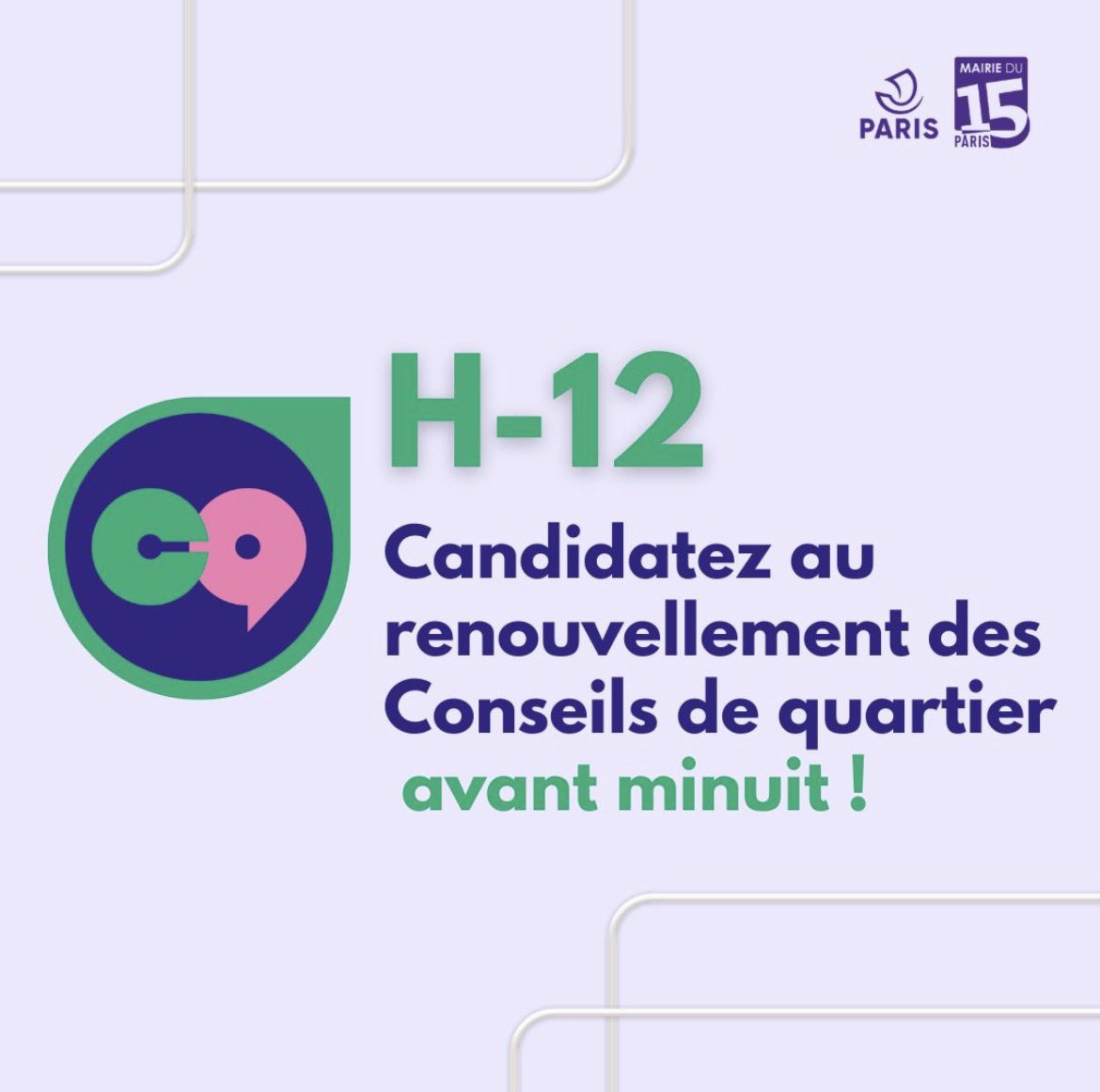 mairie15's tweet photo. Il ne vous reste plus que quelques heures pour candidater au renouvellement des Conseils de quartier de #Paris15. Habitant ou association, engagez-vous pour la démocratie de proximité. Clôture des inscriptions, ce vendredi soir à minuit: https://t.co/5drLLYPzhr https://t.co/mDnxHMTxKF