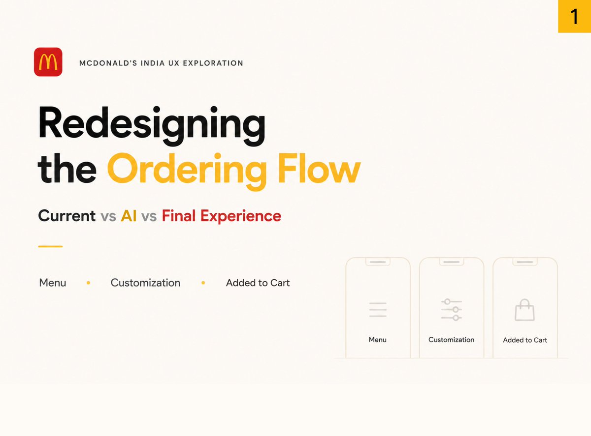 Ritik_prod's tweet photo. As someone who orders from McDonald’s regularly, I always felt the ordering experience could be faster and easier to navigate.  

So I spent about 1 hour using AI to explore and redesign a small part of the flow: 
Menu → Customization → Product Added State  

I also compared: 
• The current experience 
• An AI-generated direction using Claude 
• Final refined redesign (AI + Human). 

This wasn’t meant to be a full redesign or deep case study, just a quick AI-assisted exploration of small UX/UI improvements, interaction ideas, and alternative interface directions.  

My takeaway: AI helped generate visually interesting directions incredibly fast, but small human decisions around hierarchy, scanning behavior, and interaction flow still made a major difference.  

Would love any feedback, thoughts, or suggestions on the approach or the redesign itself.