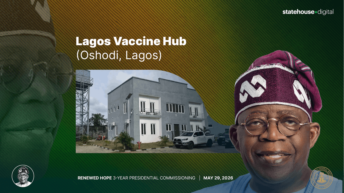 NGRPresident's tweet photo. LAGOS VACCINE HUB

🇳🇬 NOW LIVE: President @officialABAT commissions the Lagos Immunization Supply Chain Hub at the Federal Medical Stores, Oshodi.

Constructed under the World Bank-supported IMPACT Project, this is a state-of-the-art vaccine hub and the FIRST completed facility under Nigeria's new Three-Hub Immunization Supply Chain Model.

The hub will:
* Serve the South-West and South-South geopolitical zones
* Replace existing zonal storage arrangements
* Strengthen Nigeria's vaccine sovereignty and pandemic preparedness

A defining milestone for the future of immunisation in Nigeria.

Watch live: https://t.co/OzowEDg580

#RenewedHope #VaccineSovereignty