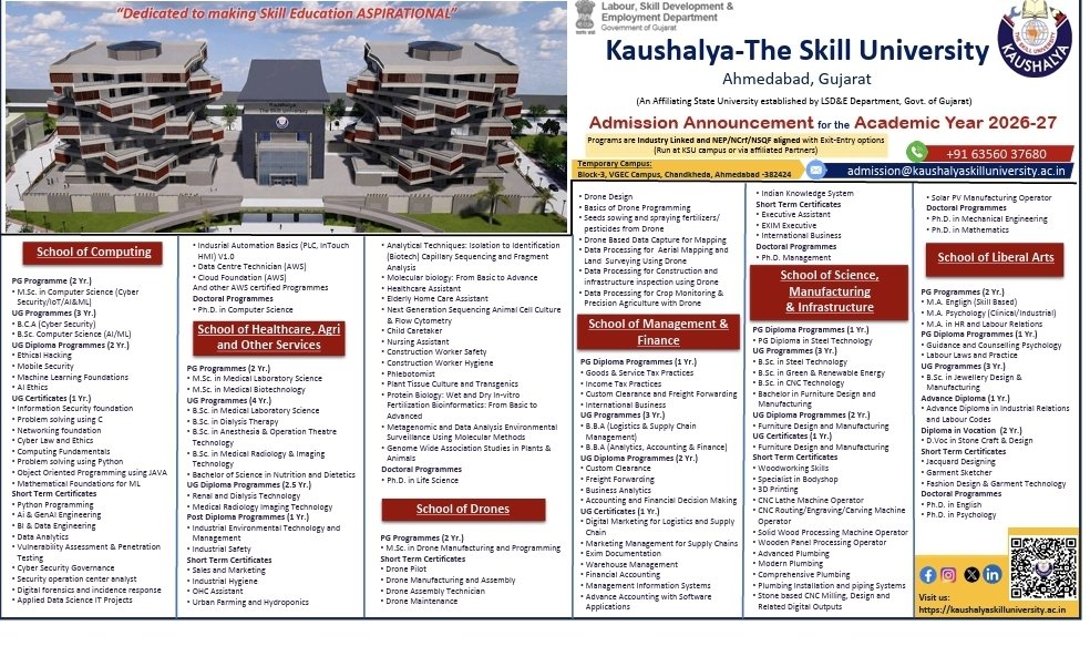shiv_biotech's tweet photo. Comprehensive range of #Skill embedded programs at Kaushalya The skill University, Labour Skill Development and Employment Department, Government of Gujarat 
@KSUGOG
please visit: https://t.co/wmFTZYYYIW
Admission Link: https://t.co/CfKsXk2Ksi https://t.co/sKABfGVEQD