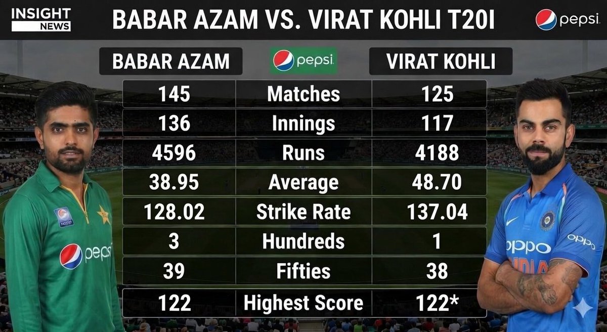 InsightNewsss's tweet photo. King 👑 vs king 👑
T20 Stat against Babar azam Vs virat kohli.
#BabarAzam #PakistanCricket #CricketTwitter #InsightNews https://t.co/rrG7kRhT3L
