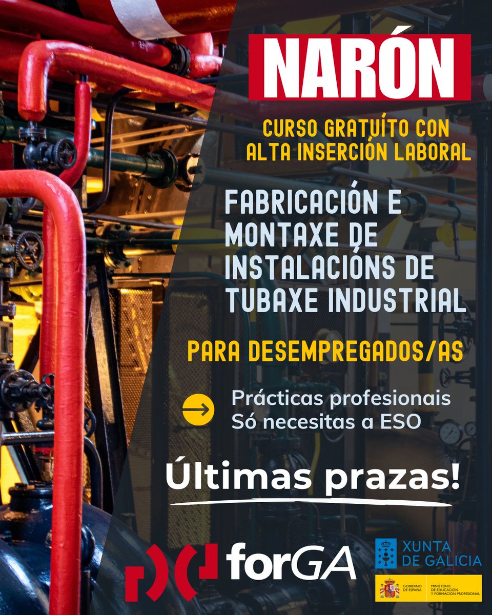 forGA_Galiza's tweet photo. 👀 Queres aprender en Narón un oficio con alta demanda laboral na empresa e a industria da comarca?

📍 Na sede de Narón da Fundación ForGA podes formarte gratuítamente e obter a certificación oficial en ‘Fabricación e montaxe de instalacións de tubaxe industrial’. https://t.co/YKRIANRQWj