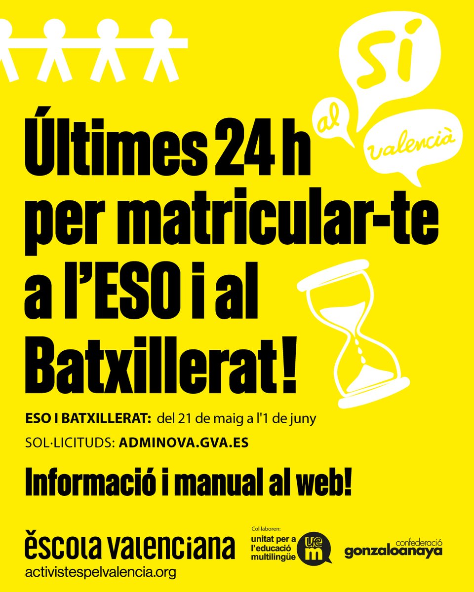 escolatv's tweet photo. 🚨 Últimes 24h per matricular-te a l'ESO i al Batxillerat!

El valencià suma, obri portes, connecta i enriqueix. 

Des d’Escola Valenciana animem totes les famílies a triar valencià!

Si necessites ajuda:
📩 educacio@fev.org

ℹ️ Més info i manual:
https://t.co/NrOd4bELV8 https://t.co/7v9Kw657SS