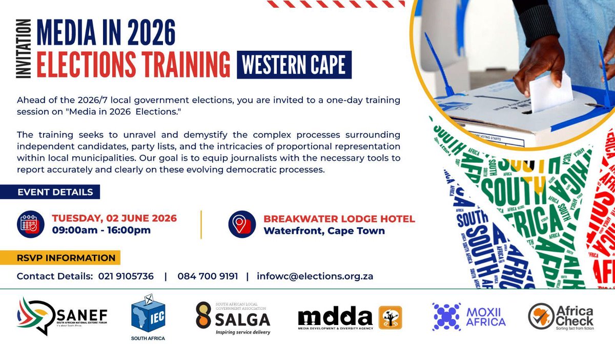 IECSouthAfrica's tweet photo. Media in 2026 Elections Training | WC
As South Africa prepares for the 2026 Local Government Elections, journalists are invited to a one-day training focused on strengthening accurate, ethical, and impactful election reporting.
RSVP: infowc@elections.org.za
#ElectionReporting https://t.co/nHuWBVuizc