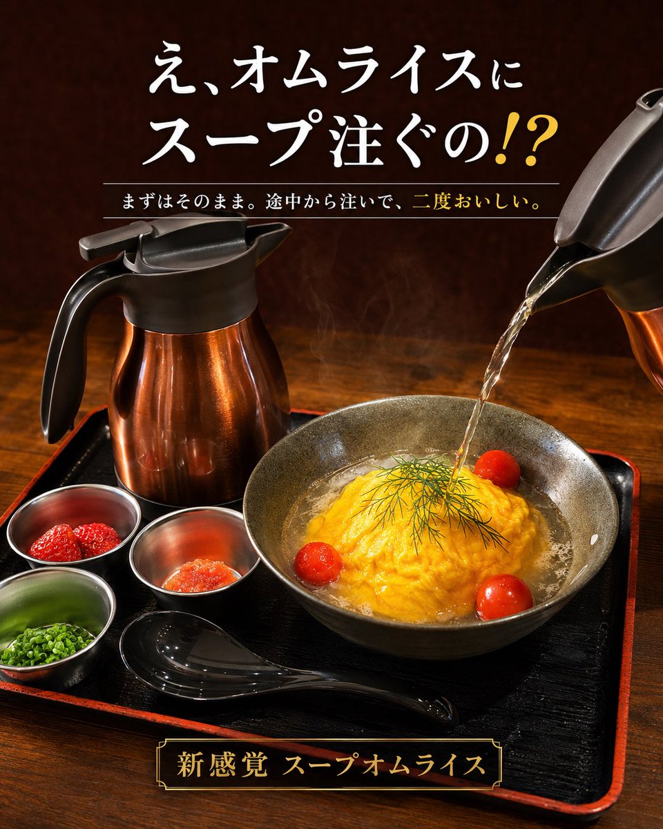 AlohaKyohei's tweet photo. このオムライス、途中で変身します。

まずはふわとろ卵のオムライスとして楽しんで、
後半は熱々のだしスープを注ぐ。

最後はまさかの
“飲める茶漬けオムライス”。

これは一回食べてほしい。

#オムライス
#スープオムライス
#茶漬けオムライス
#仙台グルメ https://t.co/ctyAdVZN3w