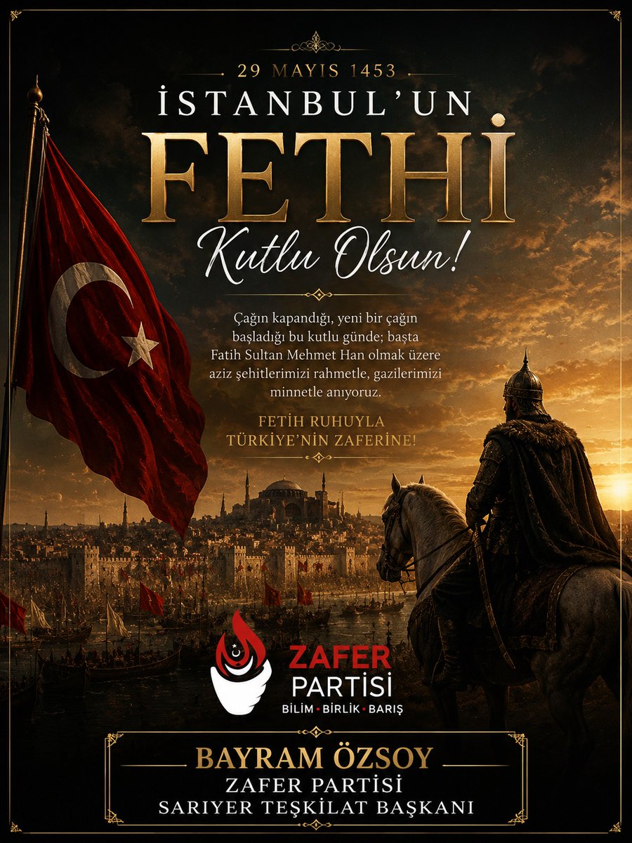_BAYRAMOZSOY_'s tweet photo. 🇹🇷 29 Mayıs 1453…

Bir çağ kapandı, yeni bir çağ başladı.
Fatih Sultan Mehmet Han ve kahraman ecdadımızı rahmet ve minnetle anıyoruz.

İstanbul’un Fethi kutlu olsun! ⚔️

#İstanbulunFethi #29Mayıs1453 #FatihSultanMehmet #ZaferPartisi #BayramÖzsoy  #TürkMilleti #Keşfet #fyp https://t.co/G9a24UHD6Z