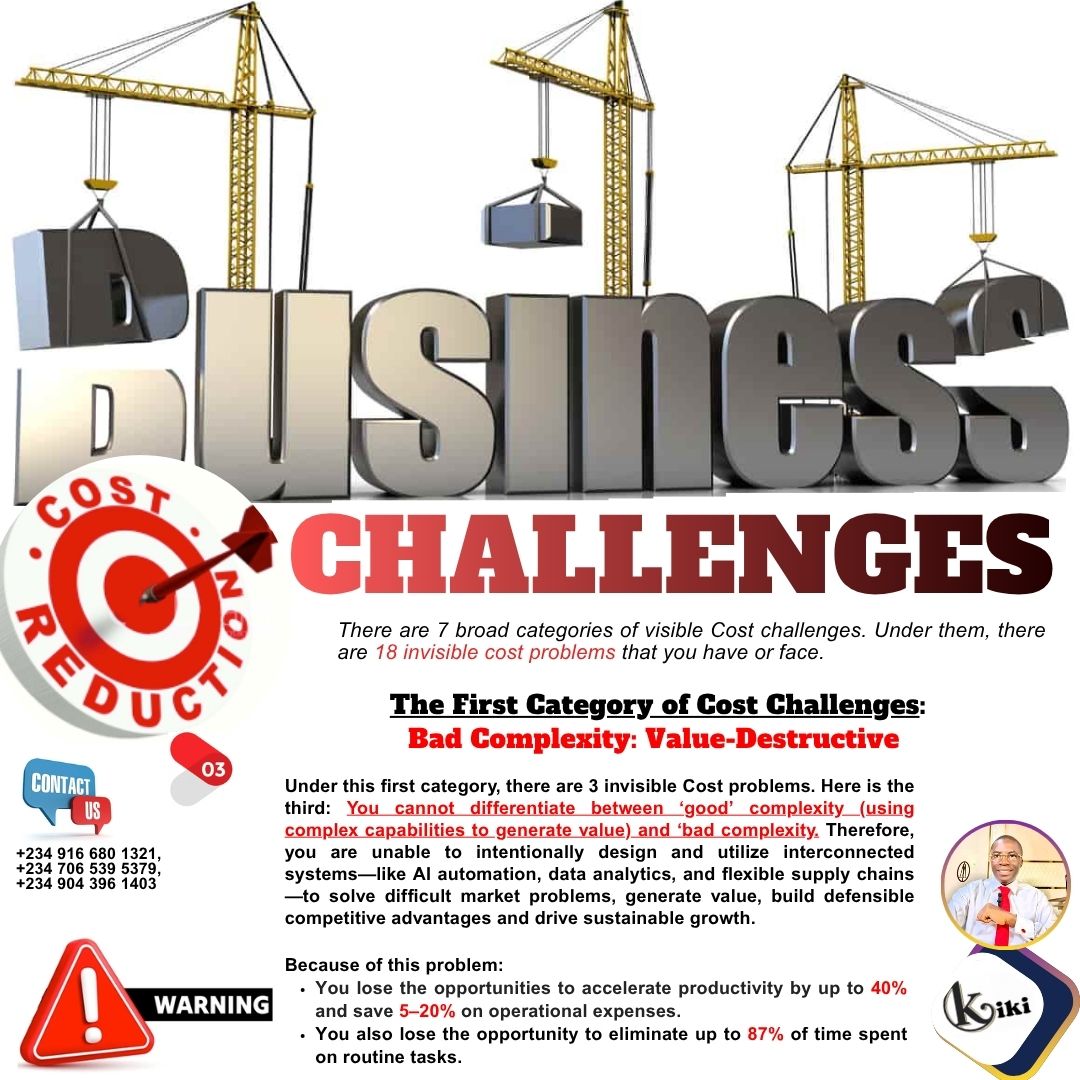 Kikitechs's tweet photo. KIKI BUSINESS SERIES

YOUR COST CHALLENGE 3:

You cannot differentiate between ‘good’ complexity (using complex capabilities to generate value) and ‘bad complexity. https://t.co/FNVrXB6hjB