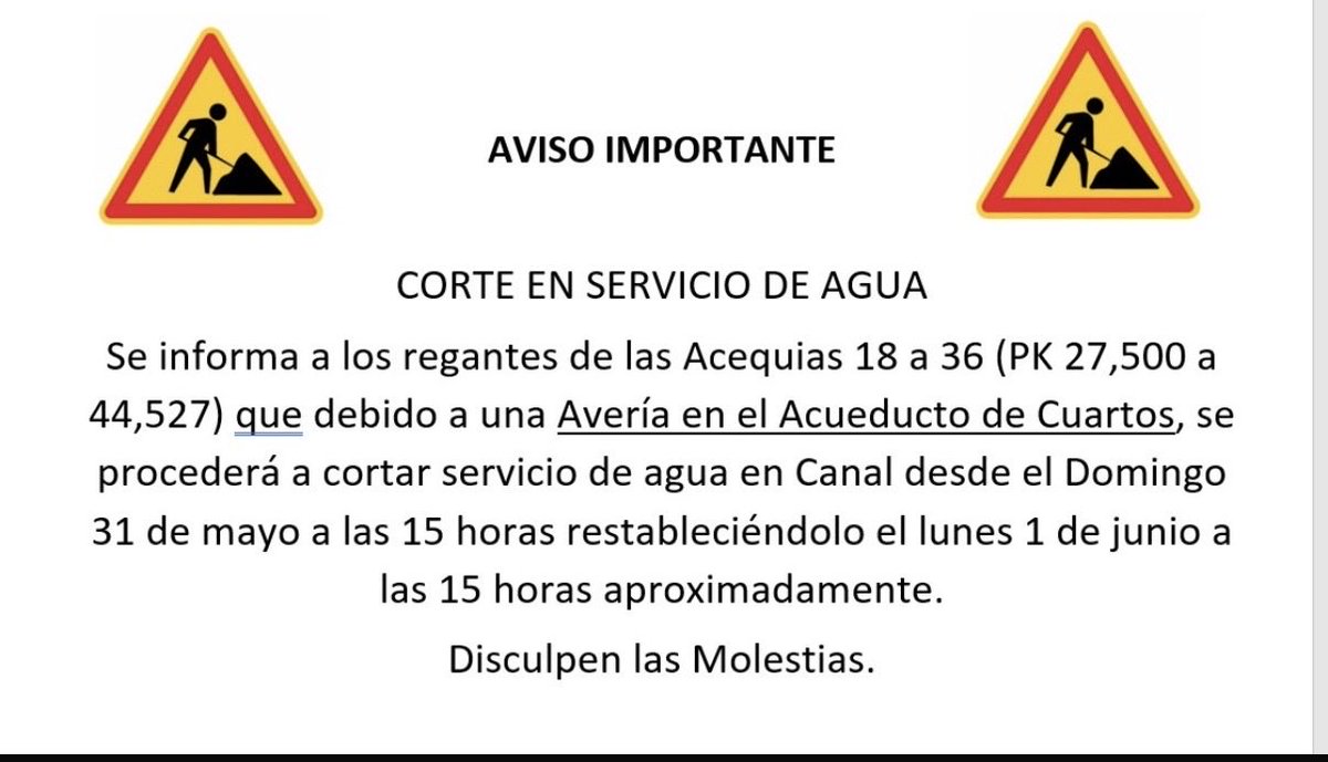 crosaritomd's tweet photo. Comunicado Oficial.
Se informa a los regantes de las Acequias 18 a 36 (PK 27,500 a 44,527) que debido Avería en Acueducto Cuartos, se procederá a cortar servicio agua en Canal Domingo 31 de mayo a las 15 horas restableciéndolo lunes 1 de junio a las 15 horas aproximadamente. https://t.co/yfZHhv2c7W