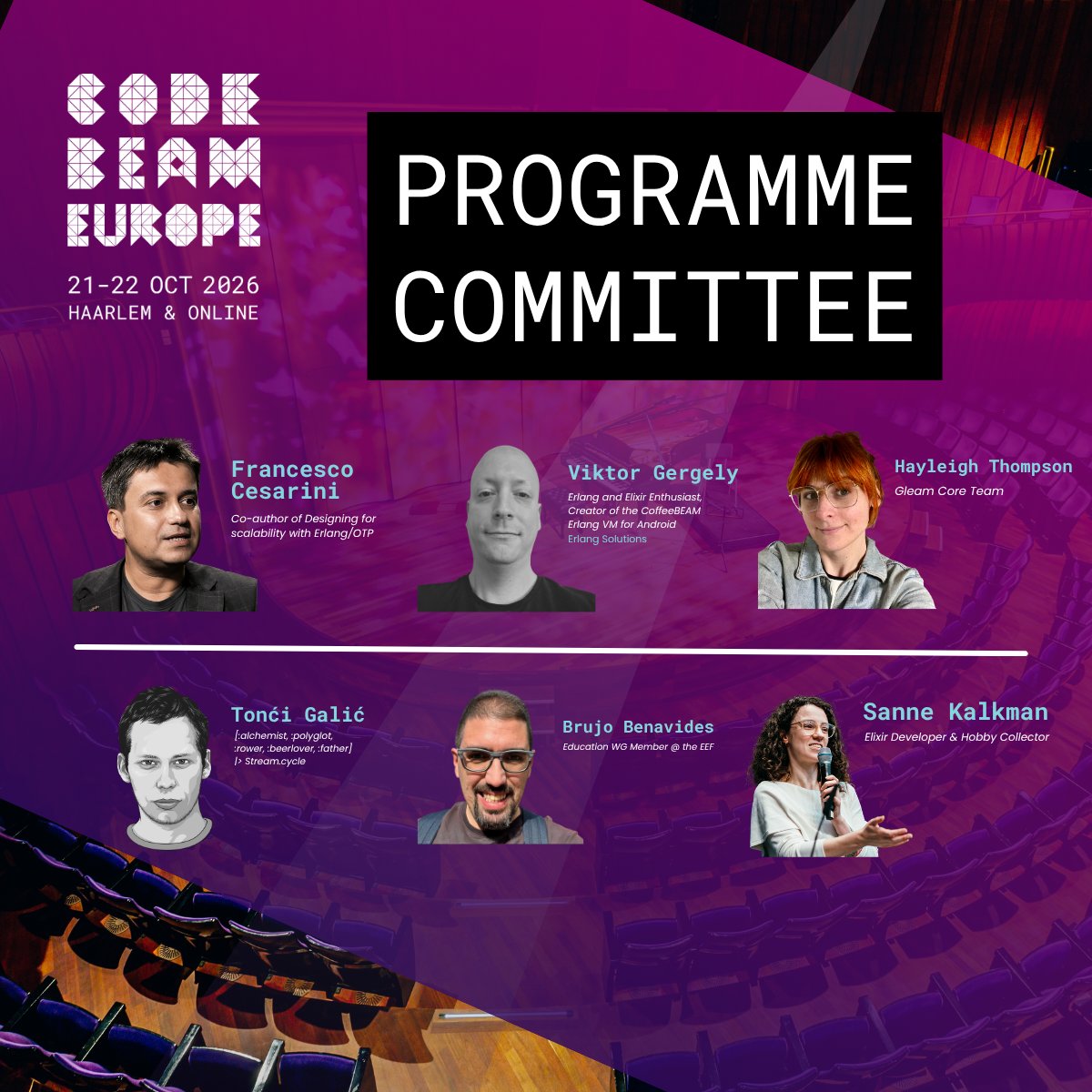 CodeBEAMio's tweet photo. Who's curating this year's Code BEAM Europe 2026 lineup? 📨

Meet our stellar Programme Committee!  This expert group ensures we bring you the absolute best Erlang, Elixir, and BEAM ecosystem insights. 👇

https://t.co/KB2dIBIRve https://t.co/dtLohoDePI