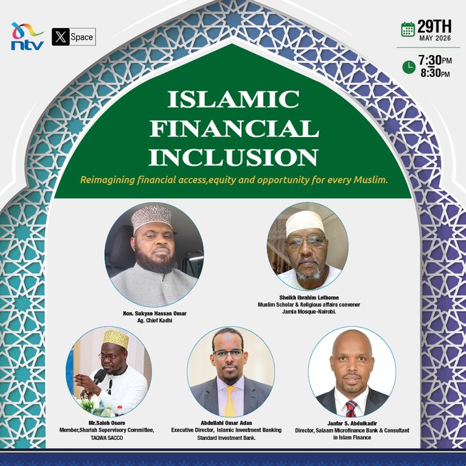 ntvkenya's tweet photo. SP: Join  our conversation tonight on Islamic Financial Inclusion, exclusively on NTV X (Twitter)-Space.    

Date: 29/05/2026   Time: 7:30 PM – 8:30 PM    
Theme: Demystifying Islamic Financial Inclusion Be part of the discussion as we explore awareness, accessibility, and opportunities within Shariah-compliant financial solutions.

Joining link: https://t.co/yEdJxRnKIm