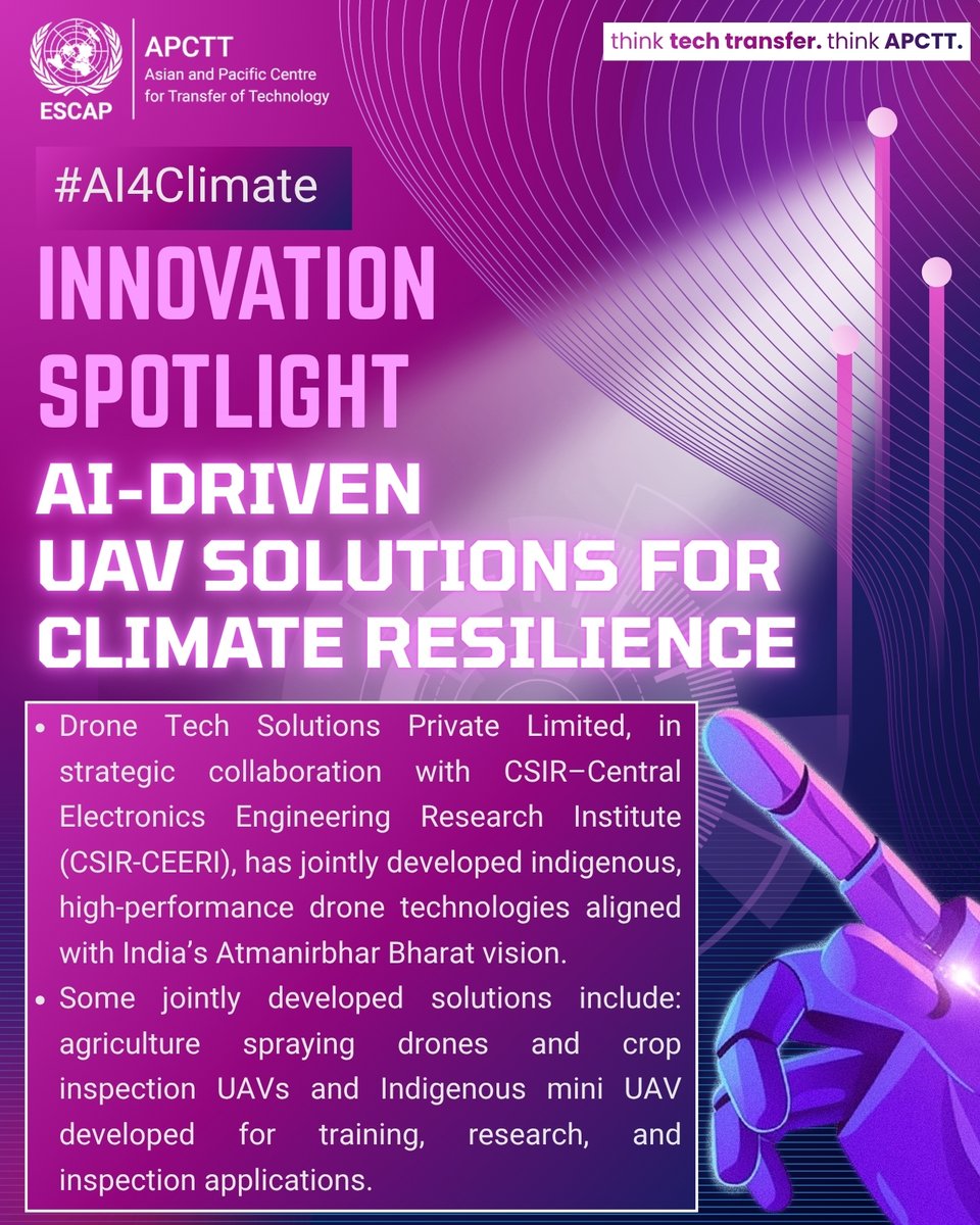 UNAPCTT's tweet photo. #AI4Climate: APCTT's social media campaign spotlighting AI-driven innovations advancing climate action and resilience across the Asia-Pacific, showcased during the Technology and Innovation Conclave 2.0.

@UNESCAP | @UN_PreetiSoni | @CSIR_IND | @IndiaDsir https://t.co/evUKw2yMjc
