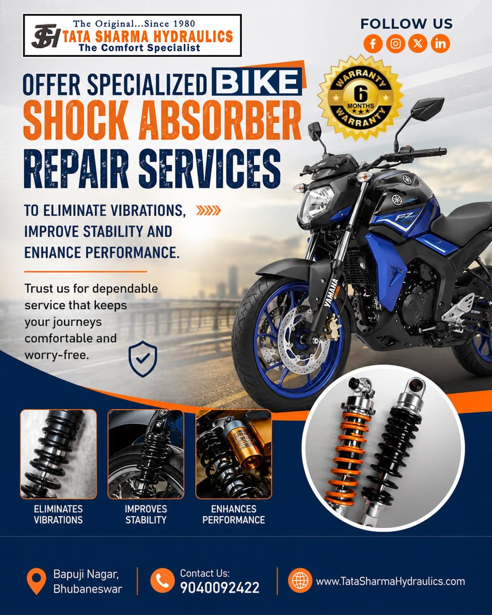 TSHydraulics's tweet photo. Boost your 𝗬𝗔𝗠𝗔𝗛𝗔 🏍️Bike’s comfort and safety with expert shock absorber repairs 🔩 plus 6-month warranty. 🛡️

𝗖𝗮𝗹𝗹 𝗡𝗼𝘄:📞+91-9040092422
𝗟𝗼𝗰𝗮𝘁𝗶𝗼𝗻:📍Bapuji Nagar, Bhubaneswar

#ShockAbsorberRepair #SmoothDriveRide #SuspensionReplacement #TataSharmaHydraulics https://t.co/bauyJmcha4