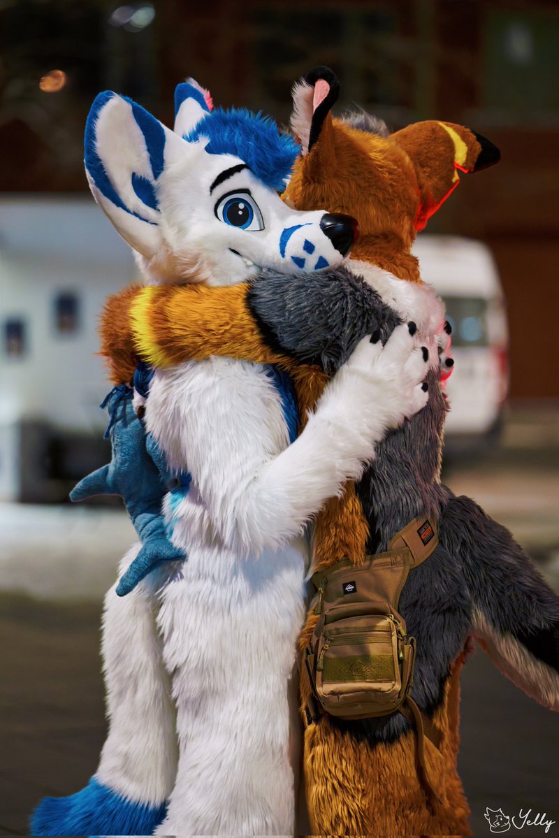 Lutufox's tweet photo. Tight &amp; floofy hugs make any #FursuitFriday better 💙
with @WolfMote
📷: @yellyXP https://t.co/wnTZV85ee0