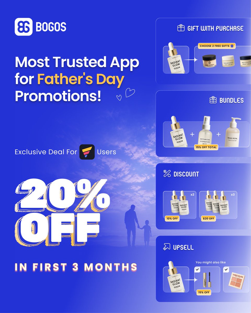 gempages's tweet photo. 💙 Ready to scale your sales for Father’s Day?

A beautiful holiday landing page is only the first step. To hit record sales, you also need smart offers that turn visitors into buyers.

GemPages is excited to partner with BOGOS, which is trusted by 82,000+ brands, including 6,000 Shopify Plus stores. They help you boost AOV with high-converting free gifts, bundles, and upsells that perfectly match your design.

To help you hit record sales, BOGOS is offering an exclusive deal for new GemPages users only:
🎁 20% OFF in FIRST 3 MONTHS

👉 Claim your exclusive deal on our campaign page here: https://t.co/hzjbr9lgoF

#BOGOS #Shopify #GemPages #FathersDay2026