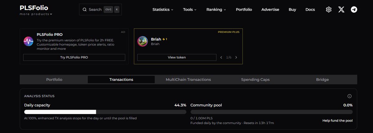 plsfolio's tweet photo. Some changes have been made to how transactions are displayed in portfolio and address search.

There is a daily capacity for enhanced transactions. 
Once it reaches 100%, basic transactions will be shown for the rest of the day or until the community pool is filled.

🧵 1/2 https://t.co/optUcXJ0RX