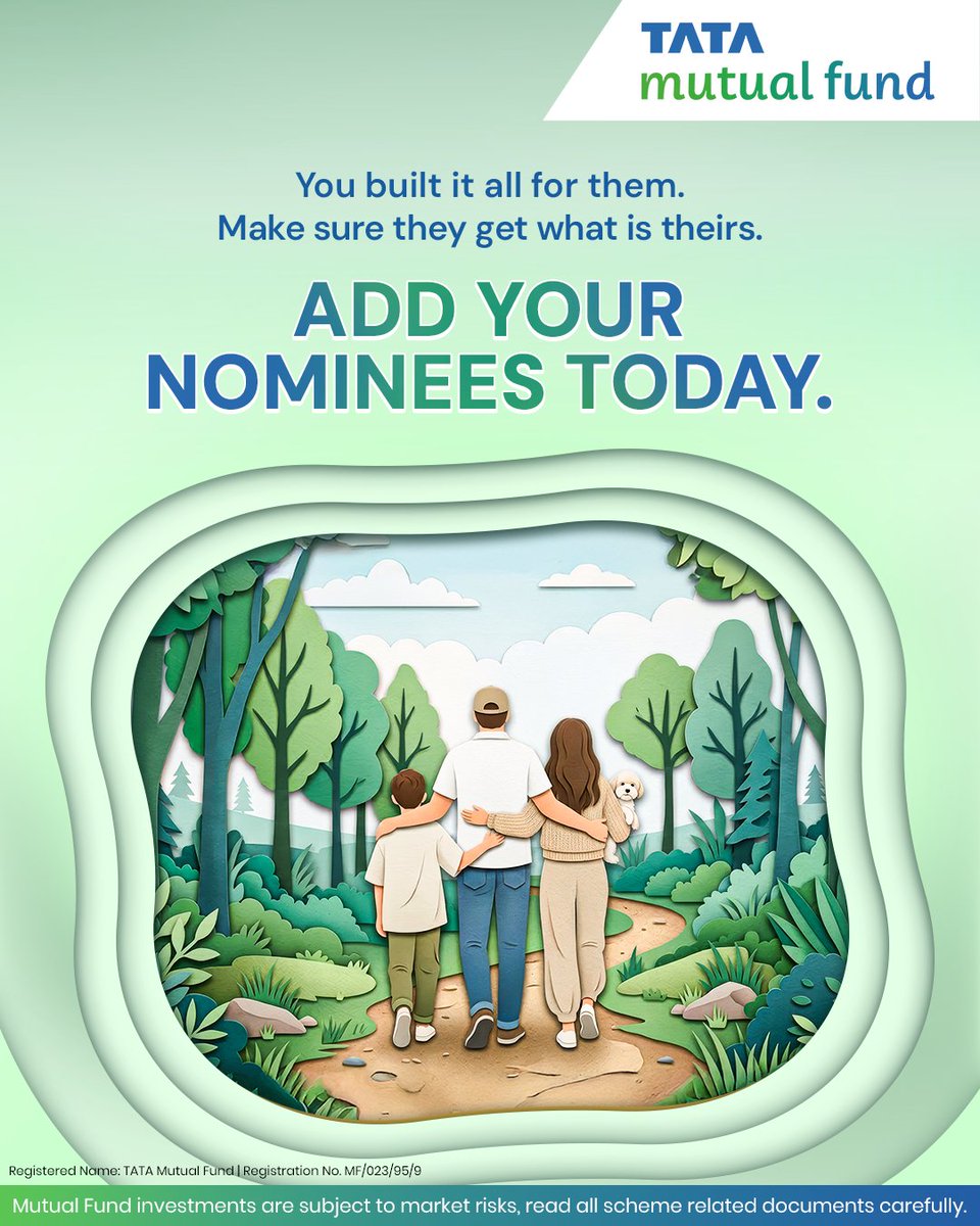 TataMutualFund's tweet photo. Adding a nominee avoids unnecessary legal complications for your loved ones, in your absence. Add your nominee today.

#AddANominee #SecureTheirFuture #NominateToday #FinancialPlanning #InvestResponsibly https://t.co/rDWUIcMFWY
