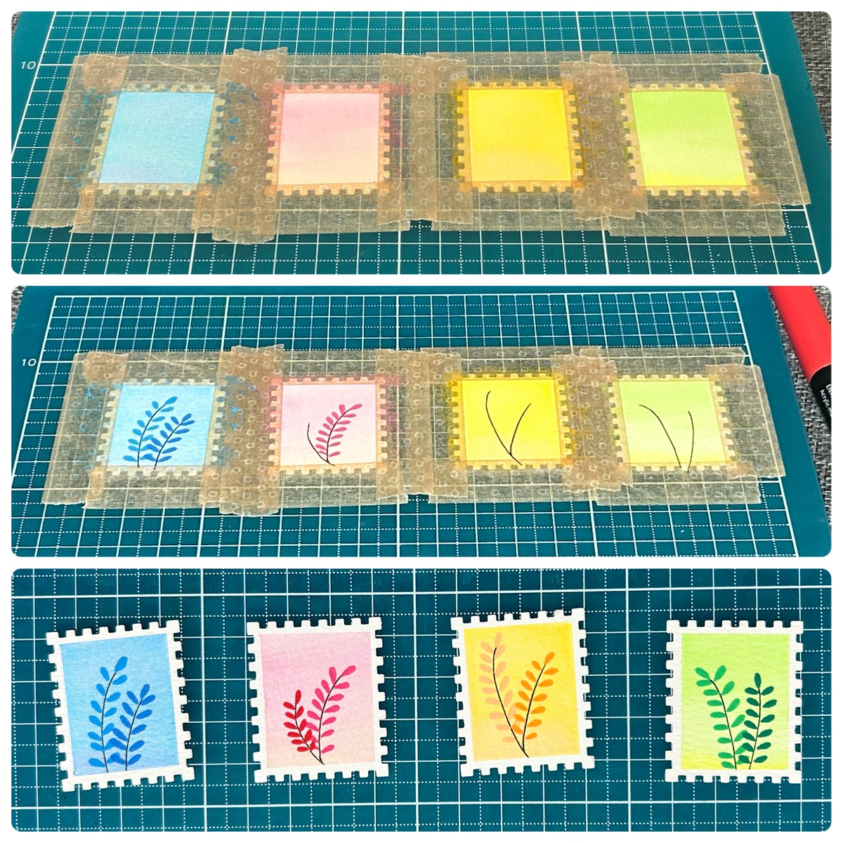 sincerely_33's tweet photo. 切手みたいなやつは、前から遊んでみたかった、こう、紙を切手型にカットできるやつです
葉っぱのとこはミリペンとアクリルマーカー
下地乾くの待つのがいちばんかかったってくらい一瞬でできたけど、クソかわいくてこの遊びめっちゃ気に入っちゃった https://t.co/9tJSLT1f5K