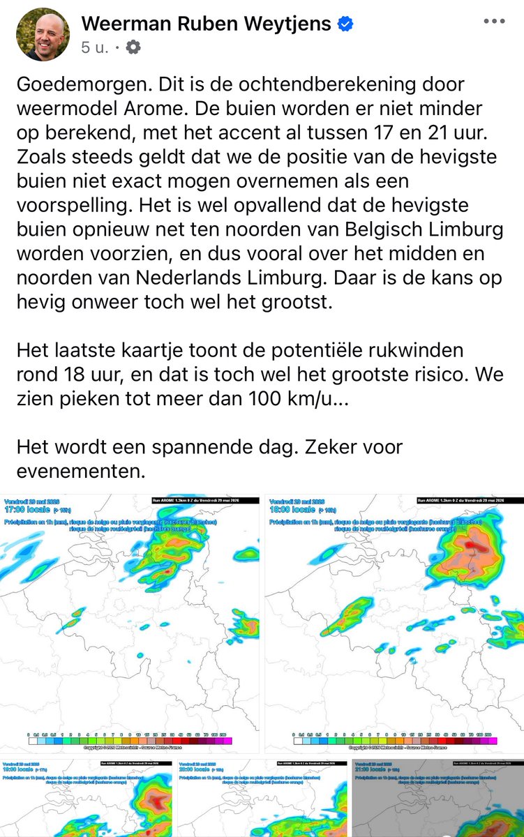 RonC089's tweet photo. @KrystinaSferlaz @NoodweerBenelux Daarvoor zou ik Weerman Ruben Weytjens volgen op social media of zijn app of website. Die zit (tenzij soms bij verrassingen) er meestal boenk op. https://t.co/gDWMRbz7sU