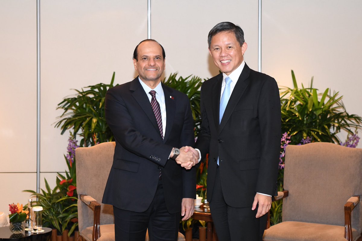 mindefsg's tweet photo. Qatar Deputy Prime Minister and Minister of State for Defence Affairs His Excellency Sheikh Saoud bin Abdulrahman bin Hassan bin Ali Al Thani is attending the 23rd SLD, where he met with @DefenceMinSG Chan Chun Sing. More: https://t.co/7iALdkffJf https://t.co/p5dBHMxg6o