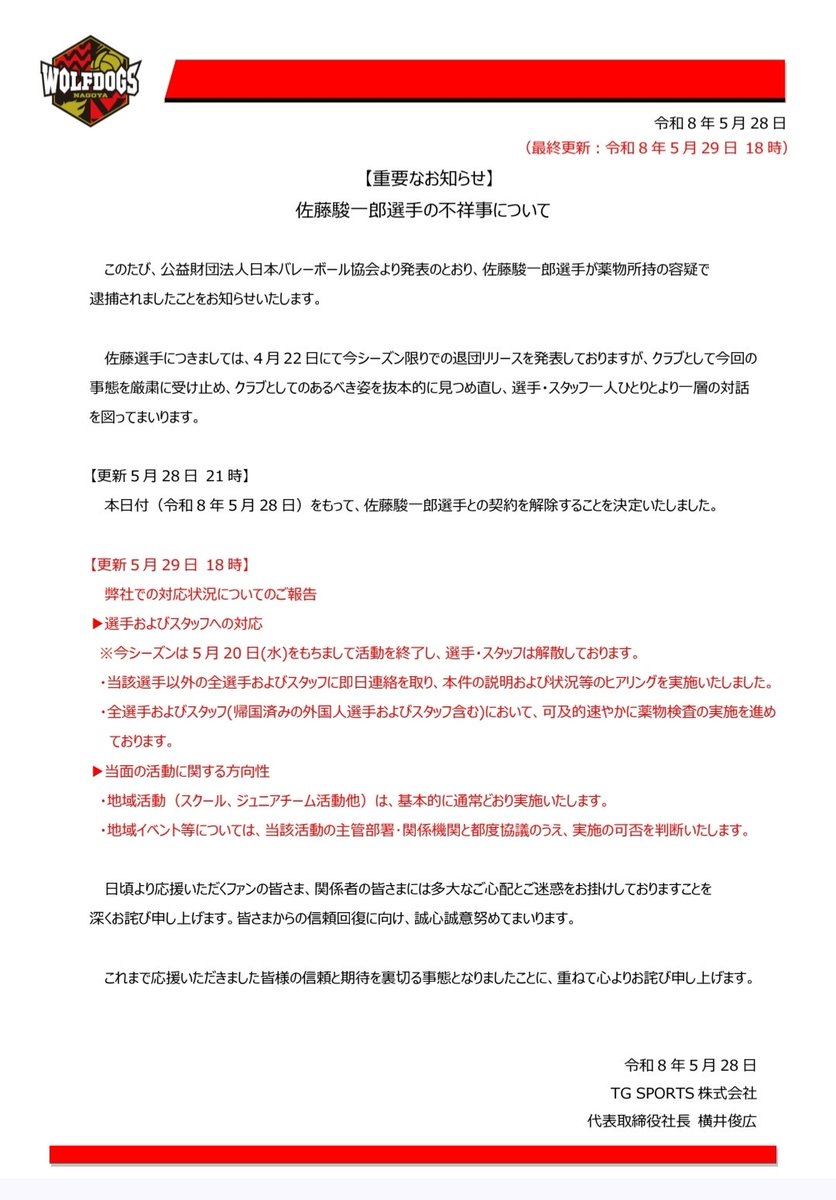 boooooorai's tweet photo. Red highlight

[Updated May 29, 18:00] 

Report on the status of our response

▶Response to players and staff

*This season's activities concluded on Wednesday, May 20th, and all players and staff have been disbanded.

We immediately contacted all players and staff other than the player in question to explain the situation and to hear their perspectives.

We are proceeding with drug testing for all players and staff (including foreign players and staff who have returned to their home countries) as quickly as possible.

▶Direction of activities in the immediate future

Community activities (school, junior team activities, etc.) will generally be conducted as usual.

Regarding local events and similar activities, we will consult with the relevant department and organization in charge of the activity on a case-by-case basis to determine whether or not to proceed.
