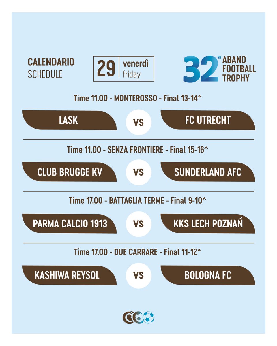 AbanoTrophy's tweet photo. 🇮🇹
⚽ Il programma delle partite del pomeriggio!
Finale alle ore 20.45.
Vi aspettiamo! 🙌

🇬🇧
⚽ This afternoon’s match schedule!
Tonight’s big final at 8:45 p.m.
See you there! 🙌

#TorneodiAbano2026 #AbanoFootballTrophy #AbanoTerme #U14 https://t.co/6HEEwKoJWA