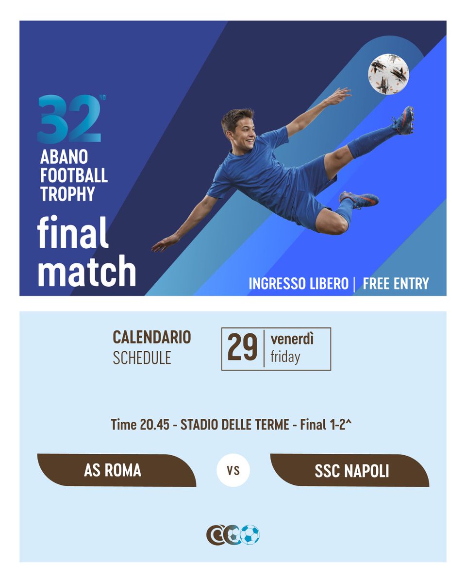 AbanoTrophy's tweet photo. 🇮🇹
⚽ Il programma delle partite del pomeriggio!
Finale alle ore 20.45.
Vi aspettiamo! 🙌

🇬🇧
⚽ This afternoon’s match schedule!
Tonight’s big final at 8:45 p.m.
See you there! 🙌

#TorneodiAbano2026 #AbanoFootballTrophy #AbanoTerme #U14 https://t.co/6HEEwKoJWA