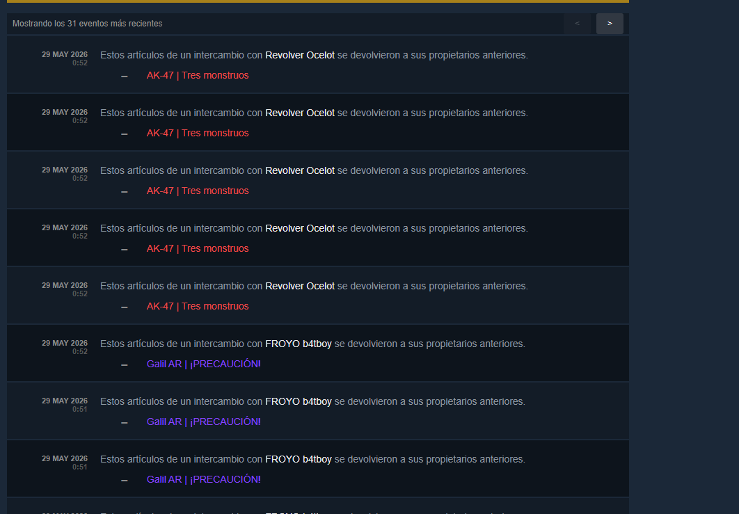 Musnary's tweet photo. @KatoBuff @skinscom Le están haciendo lo mismo a varias personas, en un discord en el que estoy le revertieron los trades a alguien faltando 40 mins para que se completaran, en su caso lo compensaron con un 10%, no aceptan las perdidas y revierten los trades🙃 https://t.co/s2lNVkJFmK