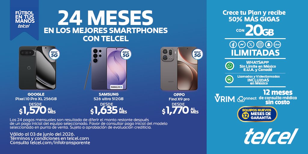 Telcel_bajio's tweet photo. ¡Lleva la pasión del fútbol en tus manos! ⚽ Estrena un Google, Samsung u OPPO a 24 meses con Telcel 5G. Recibe 50% más gigas para compartir cada jugada con la Red más rápida de todo el Bajío. 🚀 

¡No te quedes fuera de juego y estrena hoy mismo! 📱 https://t.co/lxsuogscO8