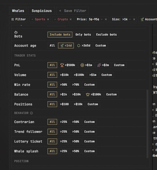 vonzz6's tweet photo. 目前自己在用的Polymarket 的优质数据分析工具@PredictParity！
 
使用PredictParity筛选十分高效，具体设置可以按照自己的需求来，比如：

1、你想找内幕消息：就设置筛选创建日期小于14天，然后市价交易在1000u以上的。因为内幕钱包大多数都是新钱包直接大额市价买入

2、或者跟踪自己收藏的聪明钱包：比如PNL大于10万+以上的鲸鱼钱包，市价直接买入的哪些市场再去看看那个市场有什么自己的机会！

3、还有各种自己想要观察的钱包或者市场的异动！

有需要的可以用我的邀请码体验体验：https://t.co/tSVL1UnTce！