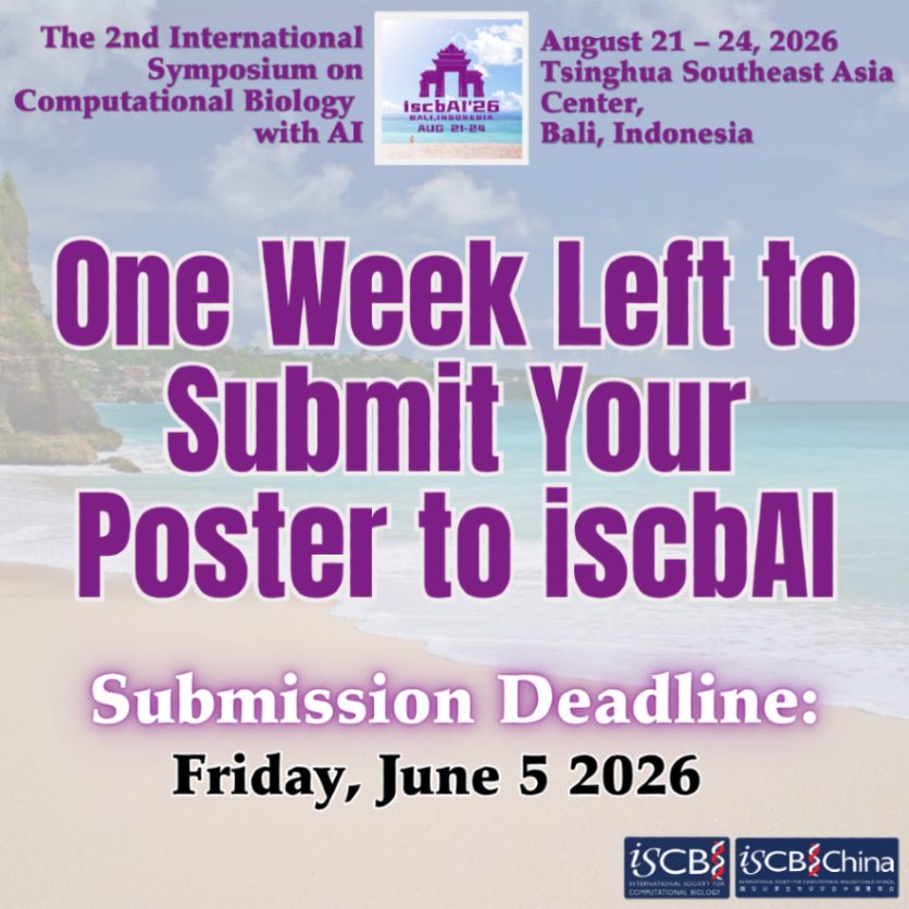 iscb's tweet photo. ⌛You have only 1 week left to submit your poster for a chance to present at iscbAI! 

Posters must:
🔹be submitted online 
🔹be original work 
🔹not simultaneously be submitted to another conference

Start your submission here: https://t.co/ekGGuG8gCP https://t.co/j0wQImzEd4