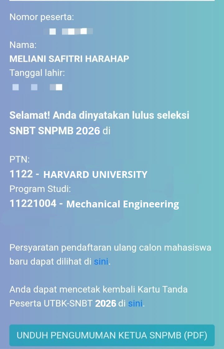 tngklsapi's tweet photo. masuk harvard jalur snbt https://t.co/oApbNVxwmt