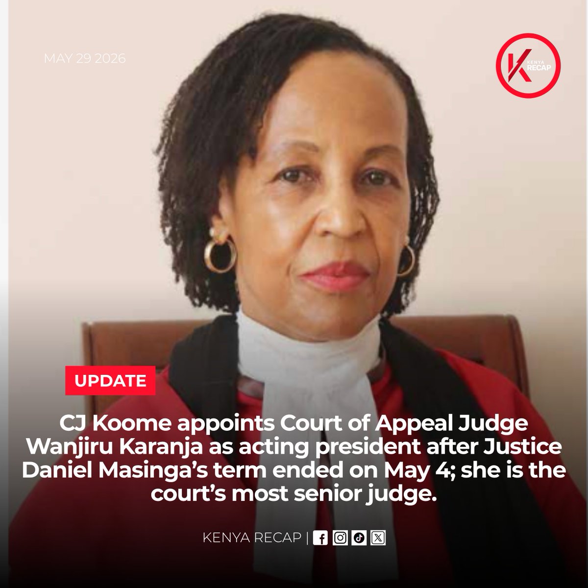 KenyaRecap's tweet photo. CJ Koome appoints Court of Appeal Judge Wanjiru Karanja as acting president after Justice Daniel Masinga’s term ended on May 4; she is the court’s most senior judge. https://t.co/LPCU6f4Nhl