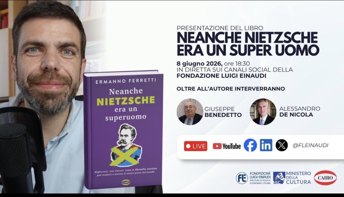 aledenicola's tweet photo. L’8 giugno alle 18.30 non mancate alla live con il filosofo più social d’Europa, 25 milioni di visualizzazioni delle sue lezioni e 220.000 iscritti al canale. Chiacchierata con @scrip, Ermanno Ferretti,  che ci presenta il suo  nuovo libro “Neanche Nietzsche era un Supeuomo”. Con me il grande presidente @avvbenedetto . @AdamSmithIT e @fleinaudi insieme per la filosofia.