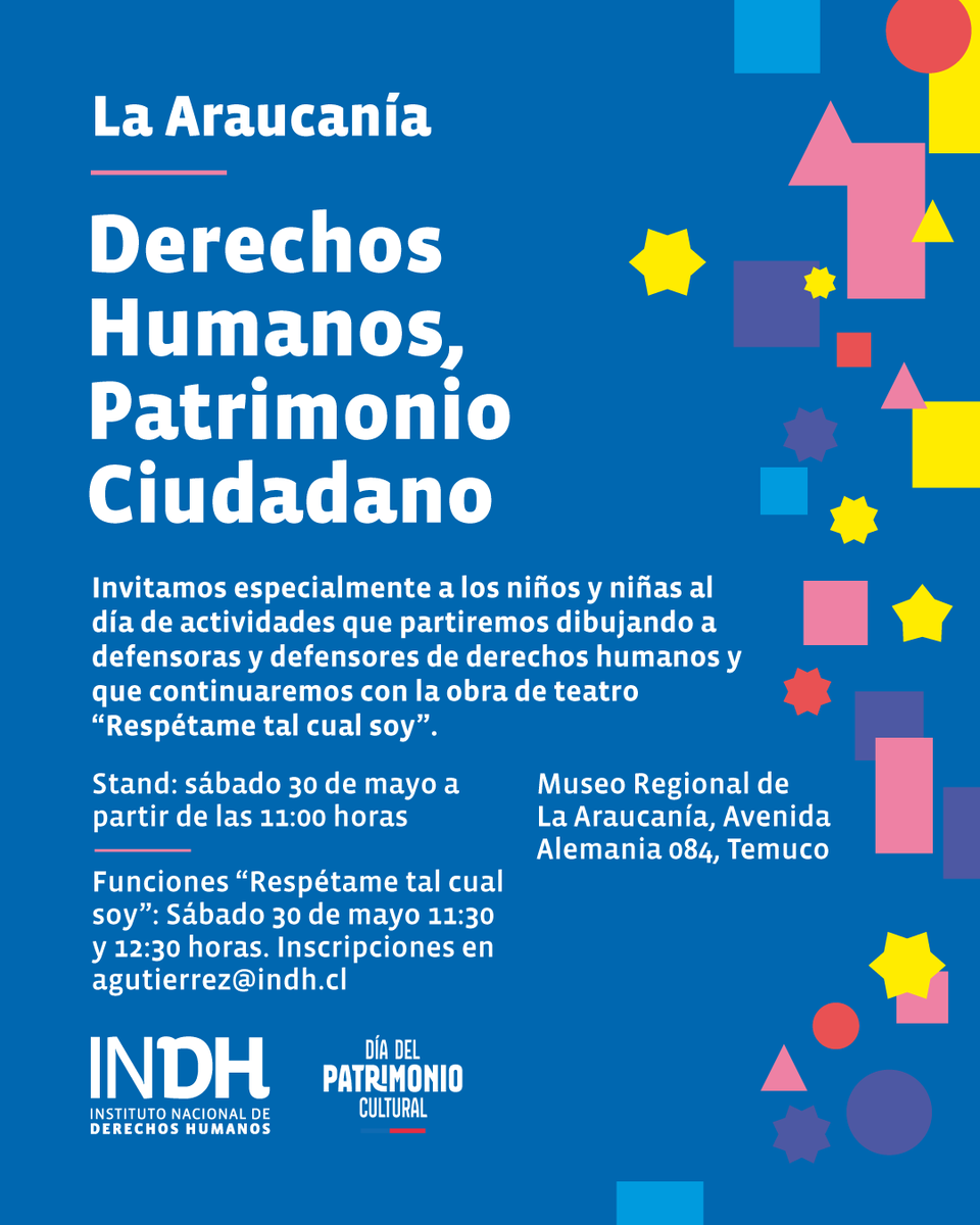 inddhh's tweet photo. En el sur:
📍En La Araucanía habrá dos actividades dirigidas a niños, niñas y adolescentes: “Dibuja a tu defensora de derechos” y la obra de teatro “Respétame tal cual soy”.
📍 En Los Ríos se hará la actividad “Leamos nuestro patrimonio”, con entrega gratuita del libro “Relatos que fluyen”.
📍 En Aysén habrá actividades se desarrollará “Cuéntame Aysén”, en la Biblioteca Pública de Puerto Aysén. Y en Coyhaique la sede regional abrirá sus puertas para exponer cómo los derechos humanos mejoran la vida en el territorio.
