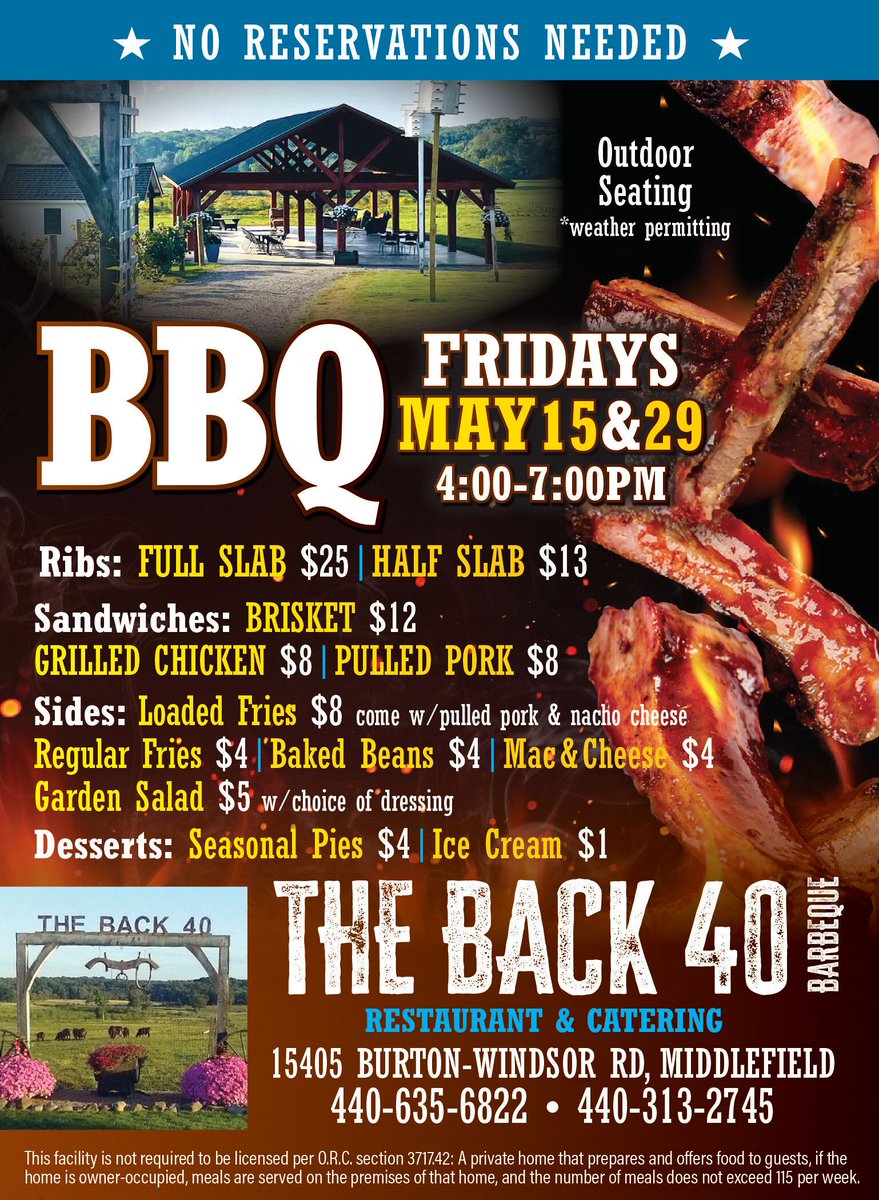 MiddlefieldPost's tweet photo. 🔥 BBQ Fridays at The Back 40 TONIGHT!

🍖 Ribs
🥪 Brisket
🐖 Pulled Pork
🧀 Loaded Fries
🥧 Homemade desserts

No reservations needed!
📍 Middlefield
⏰ 4-7 PM

#Ad #SponsoredPost #BBQ #TheBack40 #MiddlefieldOhio #GeaugaCounty #Ribs #Brisket #PulledPork #OhioFoodies https://t.co/gzcN5JOkQL