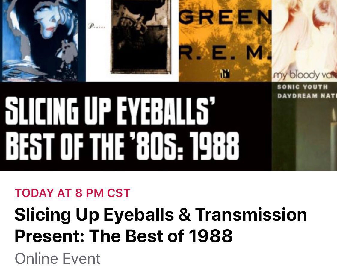 JakeRudh's tweet photo. Tonight I present 5+ hours of the ‘Best of 1988’ in college &amp; alternative rock on Twitch.

Pixies, Siouxsie &amp; the Banshees, REM, The Church, Jane's Addiction, Sonic Youth, Cocteau Twins, Peter Murphy, My Bloody Valentine, etc

Live at 8pm central here: https://t.co/H3c4RJ3NNz https://t.co/AqFzt8UISc