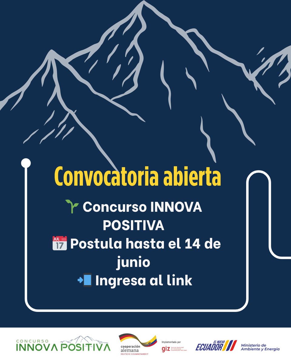 EcuadorMAE's tweet photo. ✌️ ¡Se amplió la convocatoria de Innova Positiva!
Si tienes una iniciativa innovadora con impacto positivo, esta es tu oportunidad para postular. 

Nueva fecha límite de postulación: 𝟭𝟰 𝗱𝗲 𝗷𝘂𝗻𝗶𝗼
Inscríbete en esta convocatoria que impulsa ideas y proyectos que generan transformación

 link de postulación: https://t.co/rKorkg1RQS