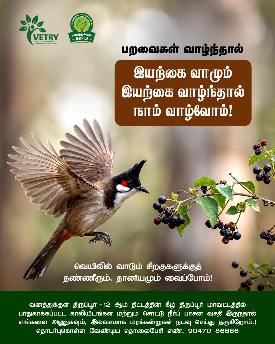 vetryorg's tweet photo. பறவைகளையும் உறவுகளாய் நேசிப்போம்
வெயிலில் வாடும் சிறகுகளுக்கு தண்ணீரும், தானியமும் வைப்போம்!

வனத்துக்குள் திருப்பூருடன் தன்னார்வலராக இணைய லிங்க் - https://t.co/yW8OutZX6y
@TRSivaram1 

#KindnessToBirds #FeedTheBirds #Vetry #birds #savebirds https://t.co/gmvjfvAjeQ