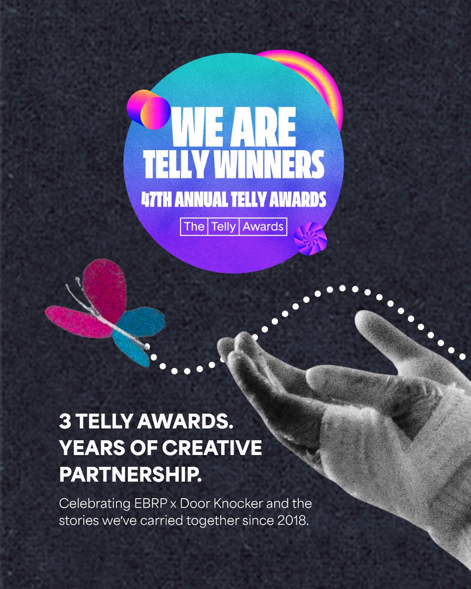 EBResearch's tweet photo. Some partners help you make content. Others help you carry a mission.

Since 2018, Door Knocker Media has helped EBRP share EB stories with heart, honesty, and purpose. Today, we’re celebrating 3 @TellyAwards for our PSA featuring Eddie Vedder and Rowan Holler.

More than the awards, we’re celebrating the people behind every frame. We love you, Matt, Karen, and everyone at DKM. 🦋 Thank you for helping the world see EB more clearly and helping this community feel seen.