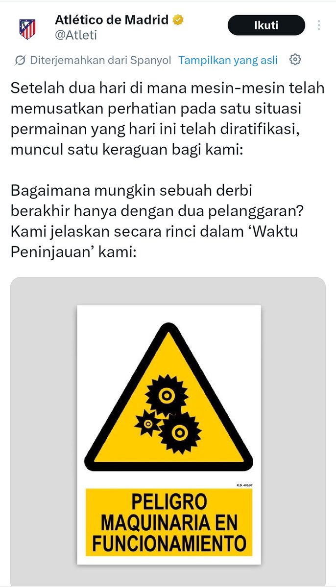 bacot_bolaa's tweet photo. Atletico Madrid sepanjang tahun ini emang baperan. Waktu kalah dari Real Madrid juga klarifikasi dan protes keputusan wasit di akun official. 

Waktu Fabrizio posting video Rapinha pas mereka kalah dari Arsenal di Semi Final UCL, pun sama. Salah satu akun fanbase mereka yang cukup besar sampai bikin kecaman terbuka ke Fabrizio. Kali ini pun sama. 

Atletico ini bukan hanya klub yang tidak punya mental juara, tapi baperan dan kekanak-kanakan. Ini klub bukan hanya tidak paham cara jadi juara tapi juga buruk dalam mengelola komunikasi publik. 

Lucu, klub sebesar Atletico Madrid tidak paham mengelola konflik. Atletico sedang menunjukkan kebodohan mereka ke dunia.