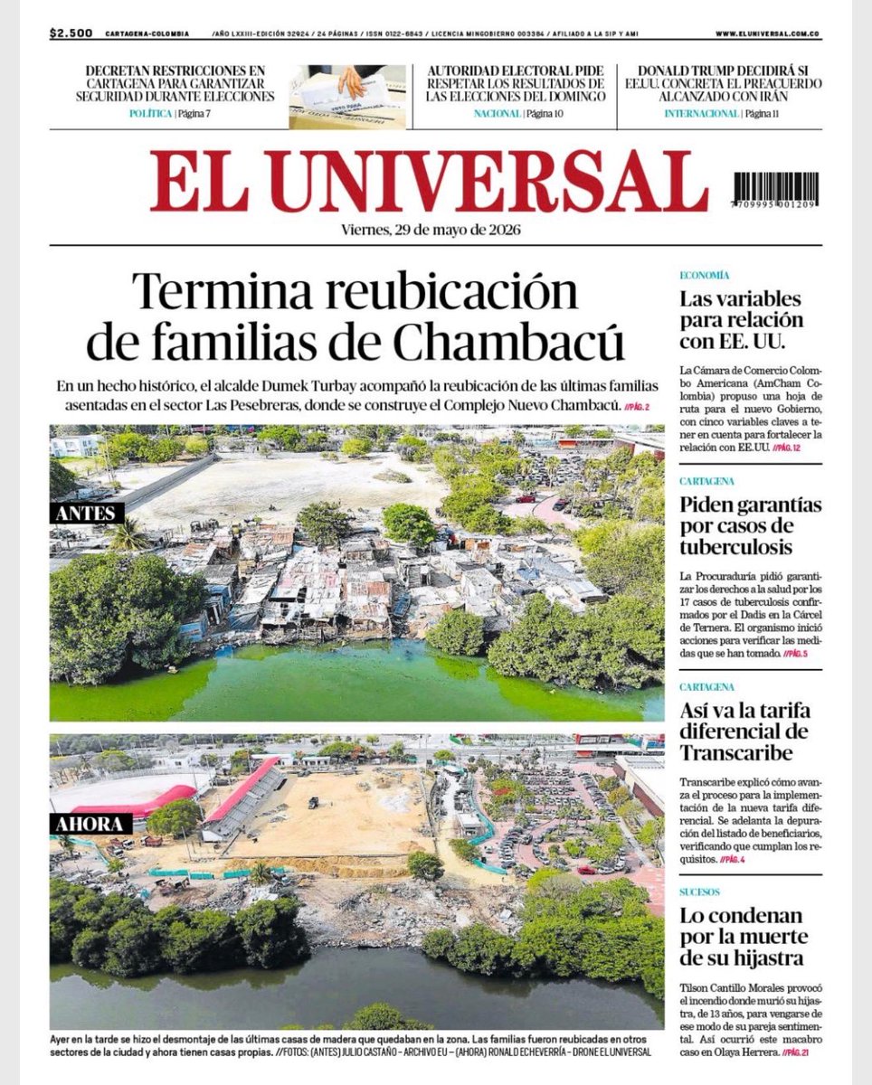 dumek_turbay's tweet photo. ¡𝗨𝗻𝗮 𝗽𝗼𝗿𝘁𝗮𝗱𝗮 𝗽𝗮𝗿𝗮 𝗹𝗮 𝗵𝗶𝘀𝘁𝗼𝗿𝗶𝗮! 84 familias de #Chambacú pasaron de vivir en casas de zinc y condiciones precarias e infrahumanas, a ser felices PROPIETARIOS de viviendas dignas, cómodas y seguras. 

El Plan de Renovación Urbana y Social #NuevoChambacú no sólo rescata espacios para el deporte, la cultura, la recreación y el sano esparcimiento de los cartageneros, sino que dignifica a las últimas familias que habitaron este espacio en condiciones precarias. 

#CartagenaAvanzaEnLoSocial
