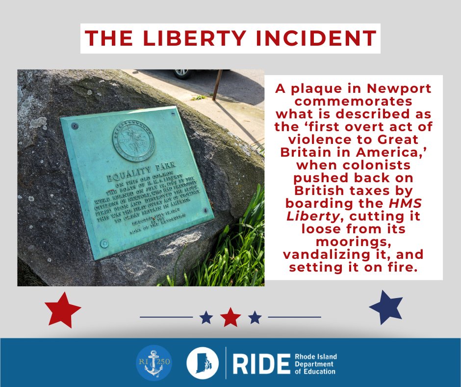 RIDeptEd's tweet photo. Just over one month until America’s 250th birthday! 🇺🇸

Another act of resistance from Rhode Island colonists against British taxes happened in 1769, when a crowd in Newport vandalized the HMS Liberty &amp; set it on fire.

Students learn about it in grades 4, 5 &amp; high school. #RI250 https://t.co/RC3zBg1jBG